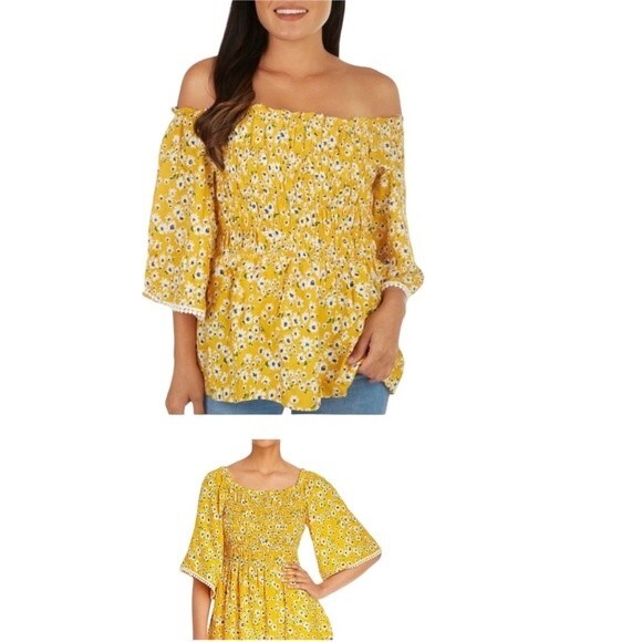 Chenault Fall Floral Smocked Square Neck Top Crochet Trim Wide Flare Sleeve Boho - Picture 1 of 15